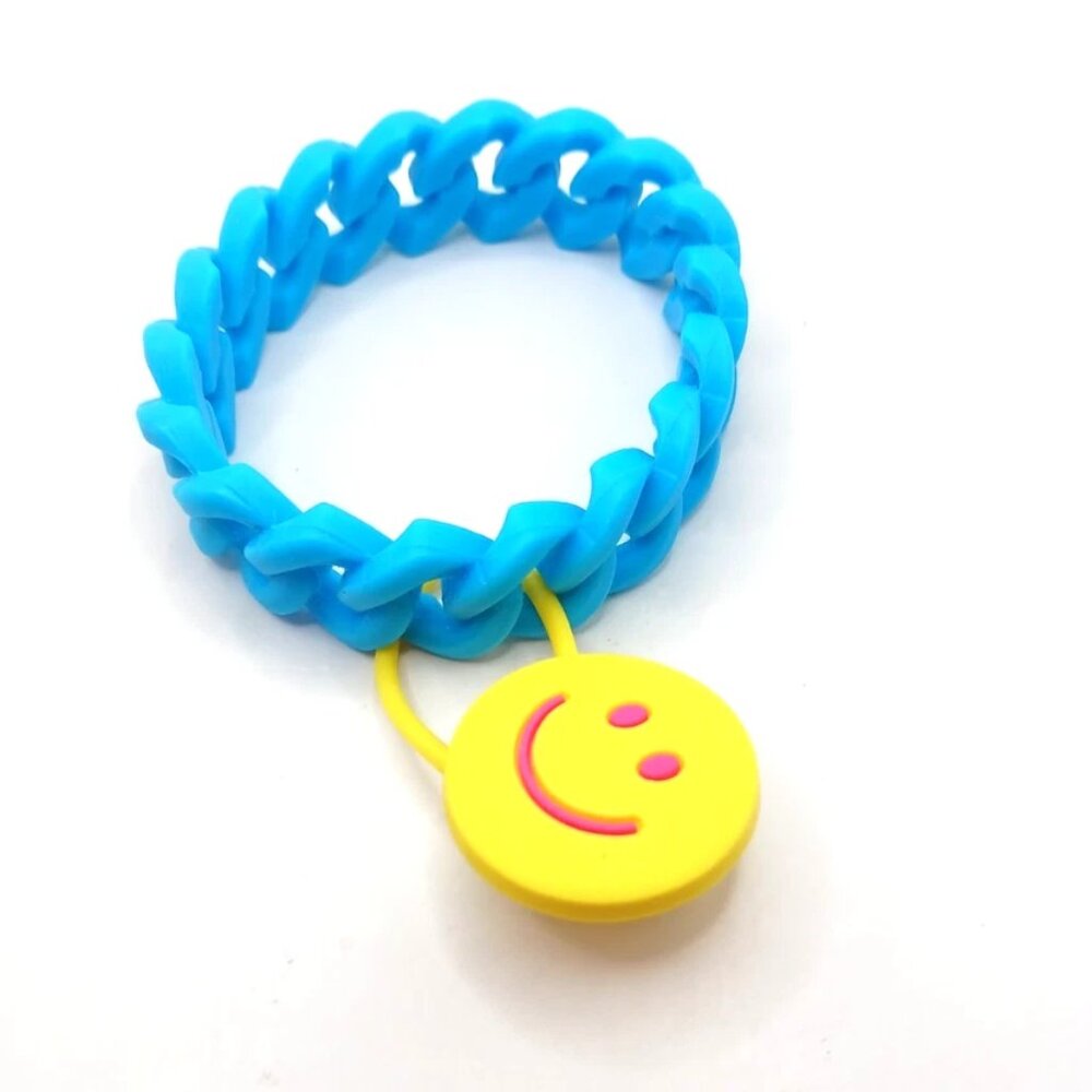 Smiley Face Silicone - Rubber Blue Bracelet -Wristband 8 Inches - Picture 5 of 8